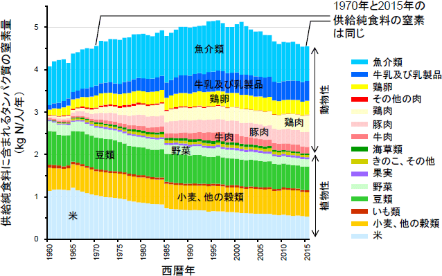 日本の消費者一人当たりの供給純食料に含まれる主要食品群別の窒素量の長期変遷(上)とそれに伴う食の窒素フットプリント(環境中への窒素負荷)の推計値(下)