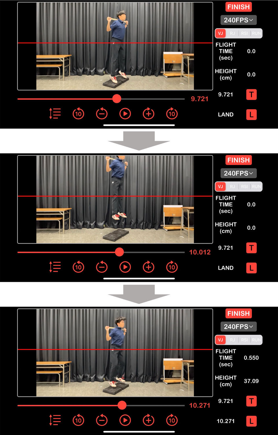 スマートフォンアプリ「JumpEye」を用いた修正滞空時間法の手順