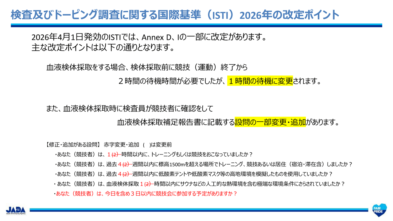 検査及びドーピング調査に関する国際基準(ISTI)2026年の改定ポイント